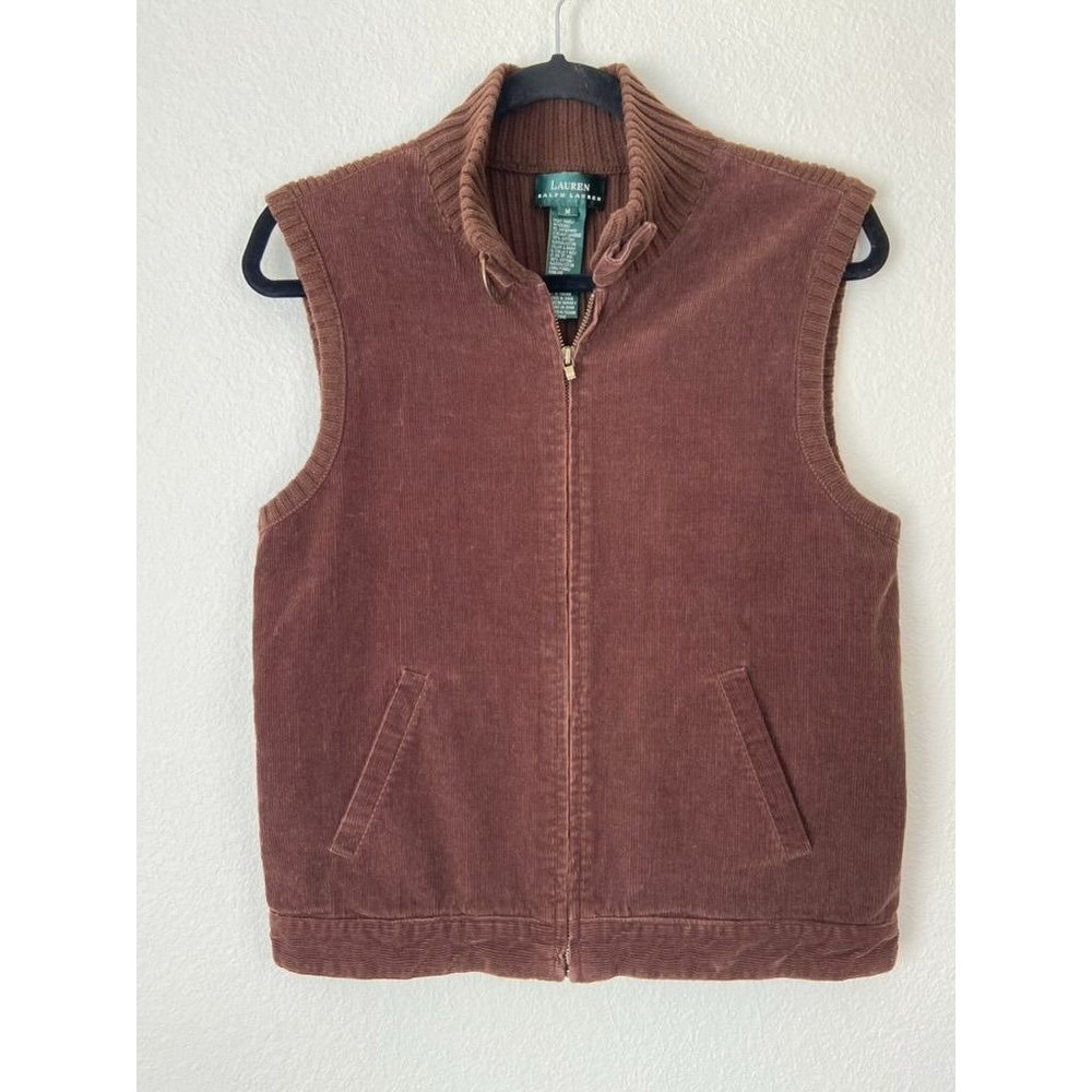 Lauren Ralph Lauren women's medium brown corduroy‎ full zip vest mock neck